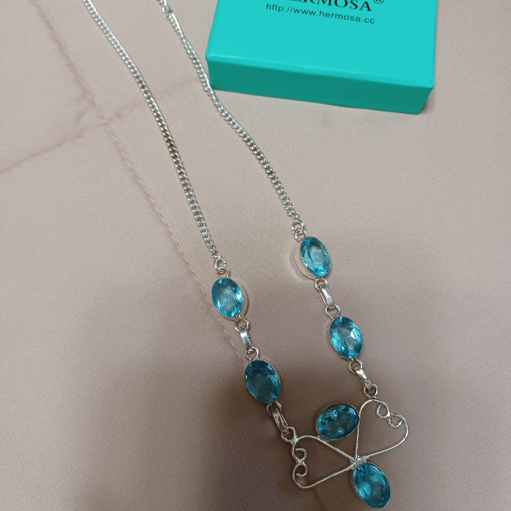Blue and Silver Asymmetrical Beaded Necklace Blue Topaz Real Gemstones - Picture 4 of 8